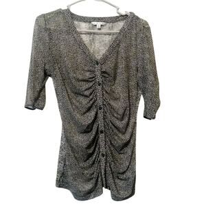 Cabi Medium Top Black & Gray Animal Print Button Down Semi-Sheer Blouse Rouching